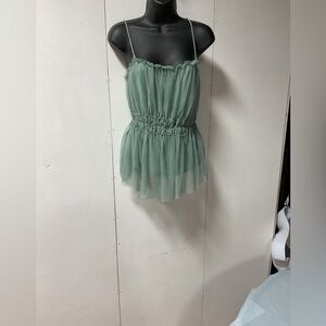 Zara Sage Green Sheer Spaghetti Strap Ruffle Top